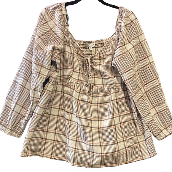 NWOT AVLN Studio by Stitch Fix, Beige Plaid Boho‎ Off Shoulder Blouse, Large - Picture 5 of 8